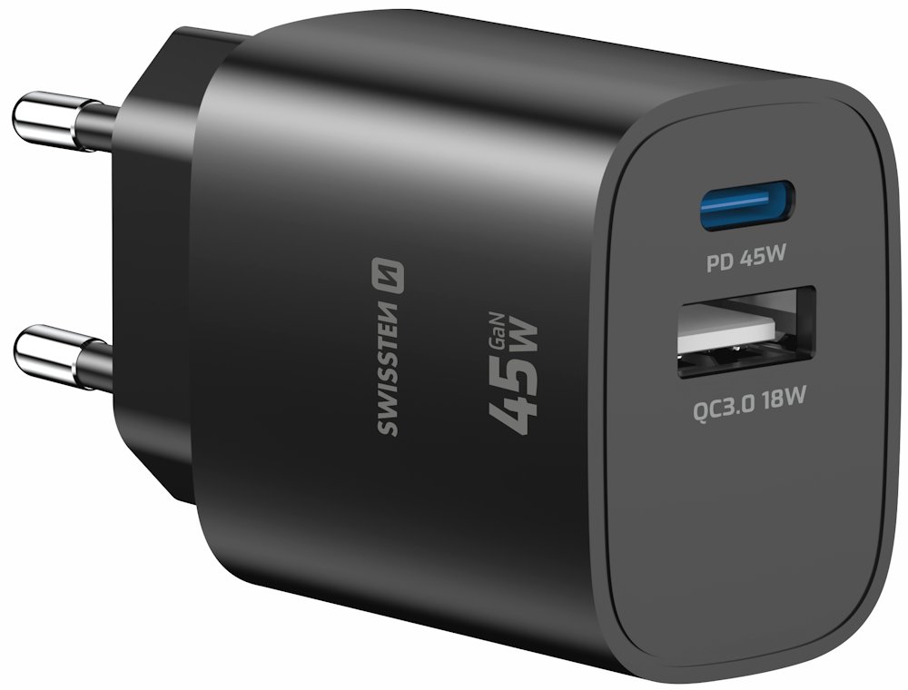 Swissten Síťový Adaptér Edge GaN 1x USB-C PD 45W + 1x USB-A 18W QC Černý 22071719