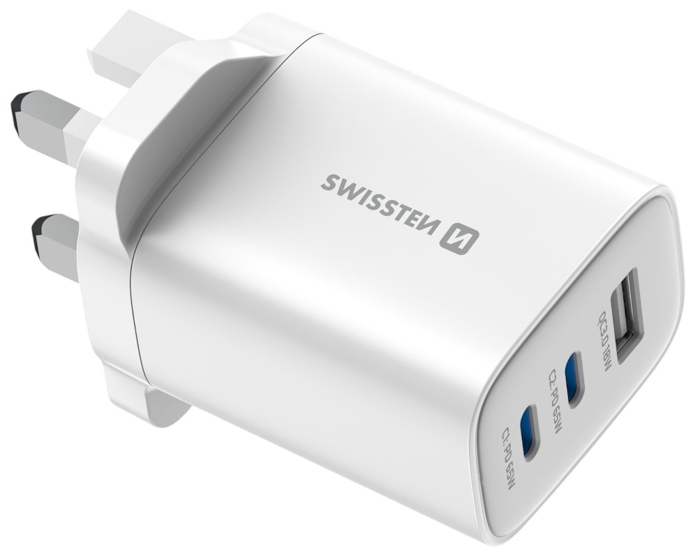 Swissten Síťový Adaptér Edge GaN 2x USB-C PD 65W + 1x USB-A 18W QC, Pro UK Zásuvku Bílý 22045103