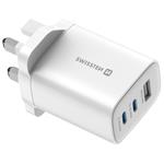 Swissten Síťový Adaptér Edge GaN 2x USB-C PD 65W + 1x USB-A 18W QC, Pro UK Zásuvku Bílý 22045103