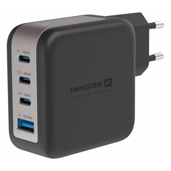 SWISSTEN SÍŤOVÝ ADAPTÉR GaN 3x USB-C 100W PD + 1x USB-A 18W QC ČERNÝ 22071600