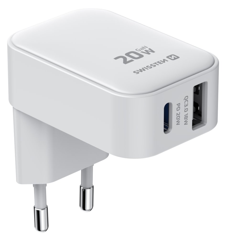 Swissten Skládací síťový adaptér FoldCharge GaN 1× USB-C 20 W + 1× USB-A 18 W QC bílý 22071741