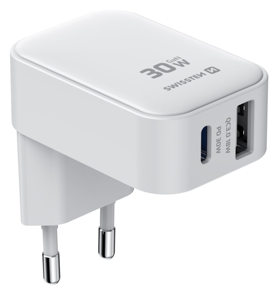 Swissten Skládací síťový adaptér FoldCharge GaN 1× USB-C 30 W + 1× USB-A 18 W QC bílý 22071742