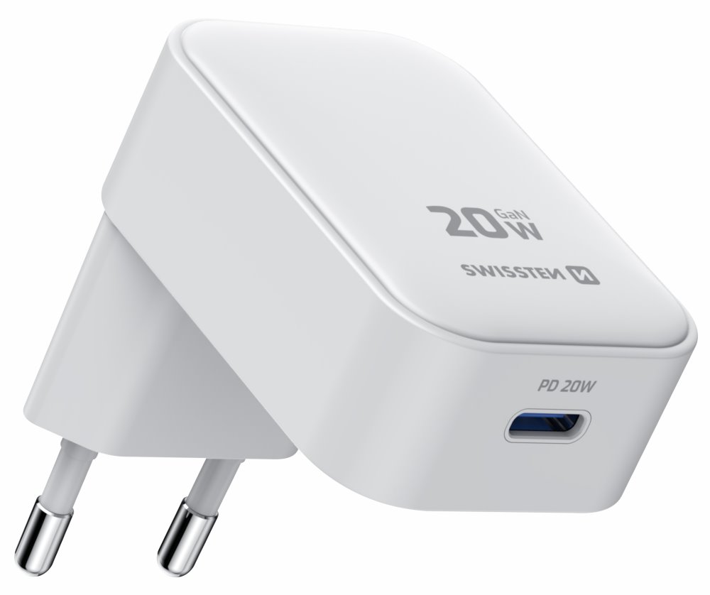 Swissten Skládací síťový adaptér FoldCharge GaN 20 W, 1× USB-C bílý 22071740