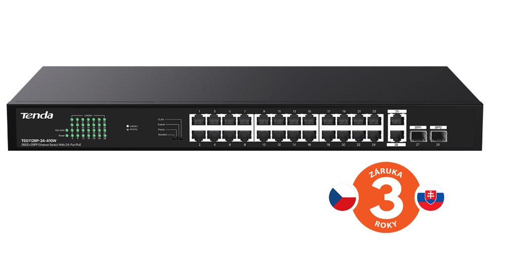 Tenda TEG1128P-24-410W PoE+ Gigabit switch 24x 1Gb/s PoE+ 802.3af/at + 2x SFP + 2x RJ45, 370W, Rack 75011995