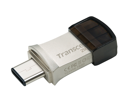 Transcend 256GB JetFlash 890, USB-C/USB 3.1 duální flash disk, malé rozměry, stříbrný kov, odolá prachu i v TS256GJF890S