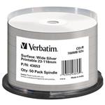 Verbatim CD-R, 43653, DataLife, 50-pack, 700MB, Wide Silver, 52X, No ID Brand, 80min., 12cm, Inkjet