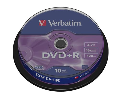 VERBATIM DVD+R, 4.7GB, 16x, 10 cake box