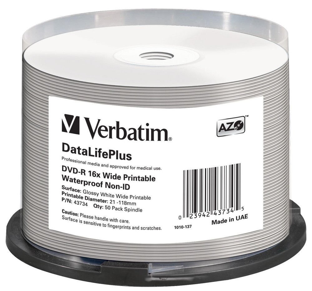 Verbatim DVD-R, 43734, Waterproof, 50-pack, 4.7GB, 16x, 12cm, General, Standard, Wide Printable, ca