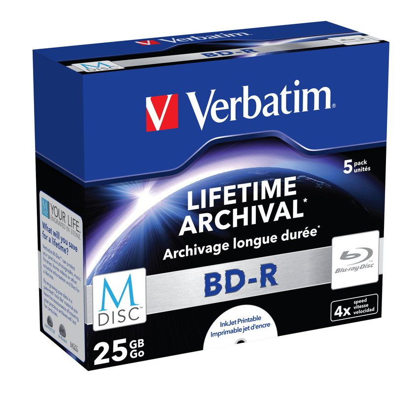 Verbatim M-DISC BD-R, Single layer Single layer/Injekt printable, 25GB, jewel box, 43823, 4x, 5-pac