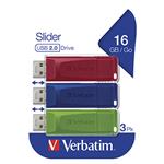 Verbatim USB flash disk, 2.0, 16GB, Slider, zelený, modrý, červený, 49326, 3 ks