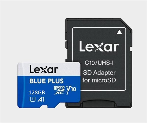 128GB Lexar® Blue Plus microSDHC UHS-I with SD adapter, up to 170MB/s read C10 A1 V10 U1 LMSBLPL128G-BNANG