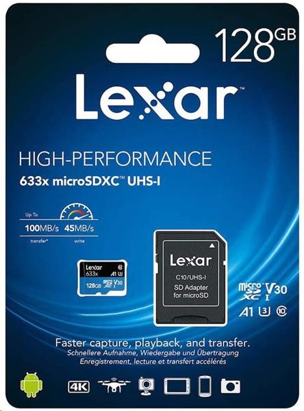 128GB Lexar® High-Performance 633x microSDXC™ UHS-I, up to 100MB/s read 45MB/s write C10 A1 V30 U3, Globa LSDMI128BB633A