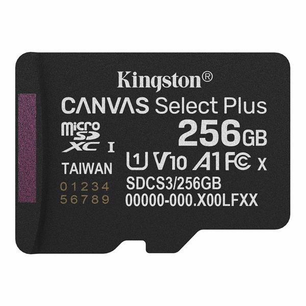 256 GB . microSDXC karta Kingston Canvas Select Plus U1, V10, A1 (r/w 150MB/s) SDCS3/256GBSP