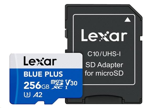 256GB Lexar® Blue Plus microSDHC UHS-I with SD adapter, up to 170MB/s read C10 A1 V10 U1 LMSBLPL256G-BNANG