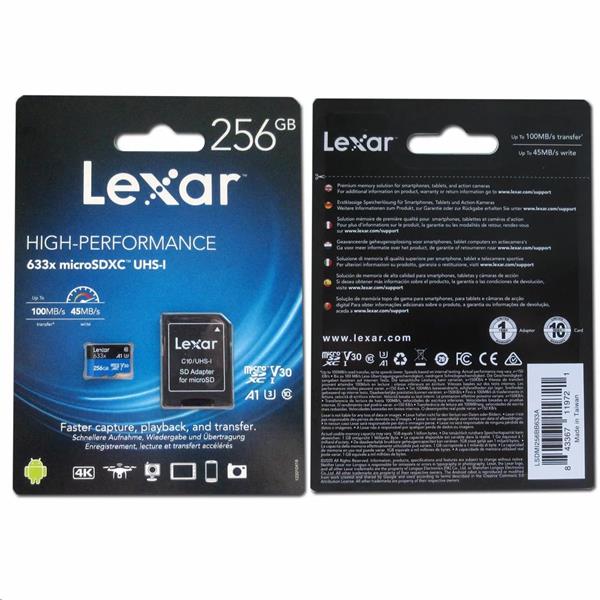 256GB Lexar® High-Performance 633x microSDXC™ UHS-I, up to 100MB/s read 45MB/s write C10 A1 V30 U3, Globa LSDMI256BB633A