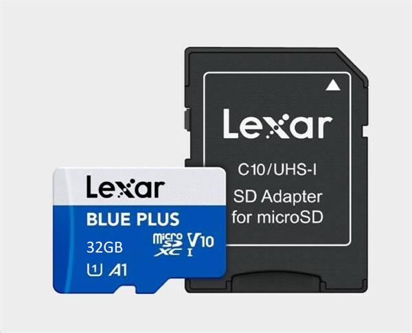32GB Lexar® Blue Plus microSDHC UHS-I with SD adapter, up to 100MB/s read C10 A1 V10 U1 LMSBLPL032G-BNANG