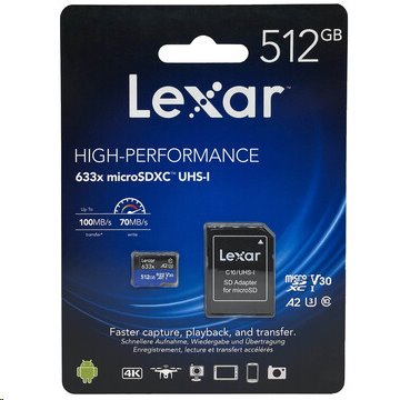 512GB Lexar® High-Performance 633x microSDXC™ UHS-I, up to 100MB/s read 70MB/s write C10 A2 V30 U3, Globa LSDMI512BB633A