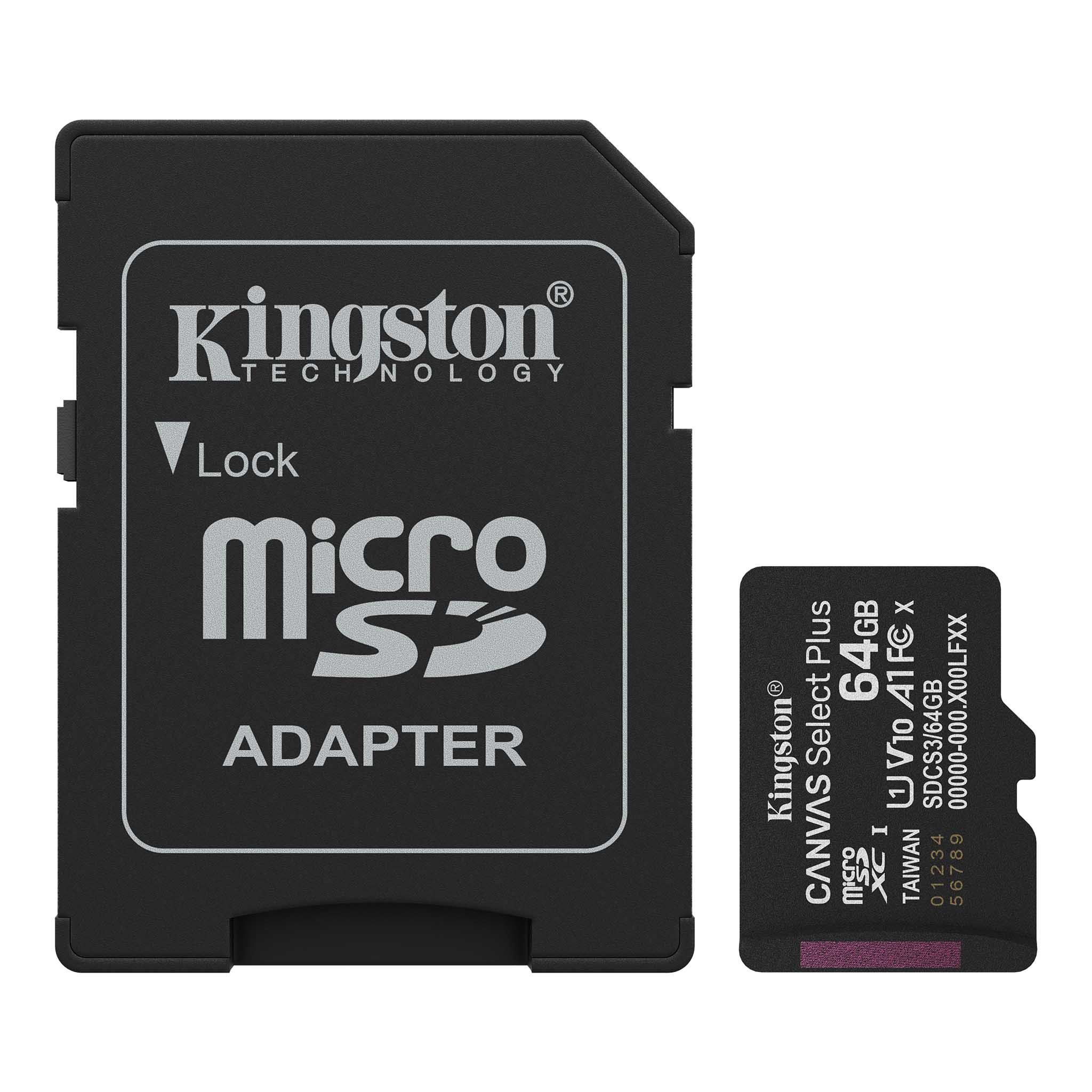 64 GB . microSDXC karta Kingston Canvas Select Plus U1, V10, A1 (r/w 100MB/s) + adaptér SDCS3/64GB