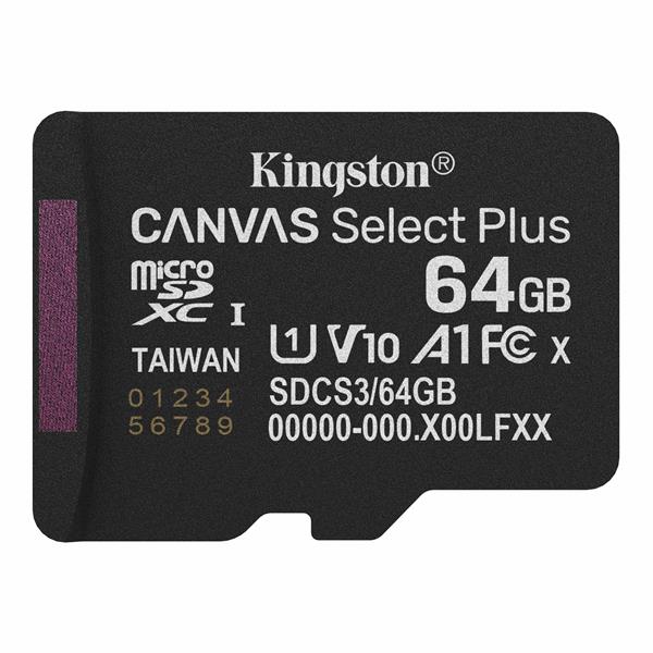 64 GB . microSDXC karta Kingston Canvas Select Plus U1, V10, A1 (r/w 100MB/s) SDCS3/64GBSP