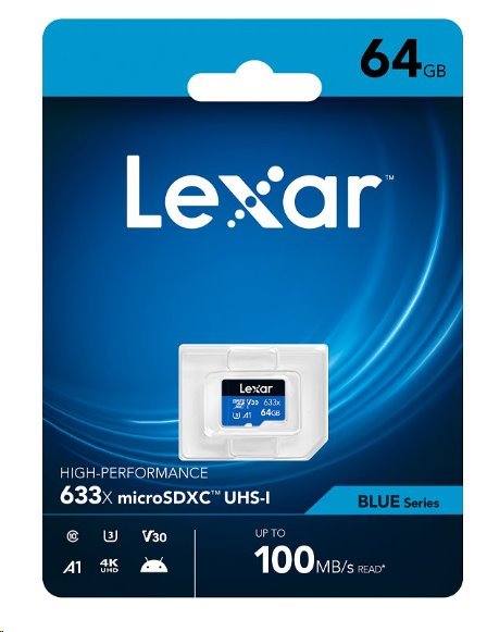 64GB Lexar® High-Performance 633x microSDXC™ UHS-I, up to 100MB/s read 45MB/s write C10 A1 V30 U3, Glo LMS0633064G-BNNNG