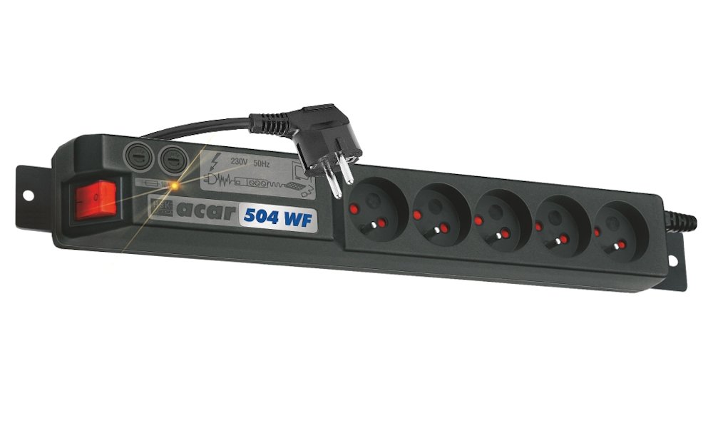 ACAR 19" rozvodný panel 5x 230V, ČSN, kabel 3m, přepěťová ochrana, filtr proti rušení, 2x pojistka AXON-5-230-NO-RACK