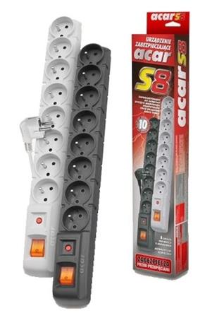 Acar S8 3m kabel, 8 zásuvek, přepěťová ochrana, černá ppacars8-3black