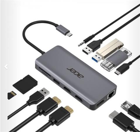 ACER 12v1 docking station/dongle USB-C: 2×USB3.2, 2×USB2.0, čtečka 1×SD/TF 2×HDMI,1×PowerDelivery,1×DP,1×RJ HP.DSCAB.009