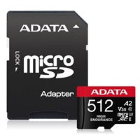 ADATA MicroSDXC karta 512GB High Endurance UHS-I C10 V30 A2 (R:100/W:85 MB/s) + SD adaptér AUSDX512GUI3V30SHA2-RA1