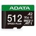 ADATA MicroSDXC karta 512GB Speed Plus, U3, C10, A2, V30 (R:180/W:160 MB/s) + SD adaptér UD512GUI3V30A2SP-RA1