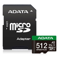 ADATA MicroSDXC karta 512GB Speed Plus, U3, C10, A2, V30 (R:180/W:160 MB/s) + SD adaptér UD512GUI3V30A2SP-RA1