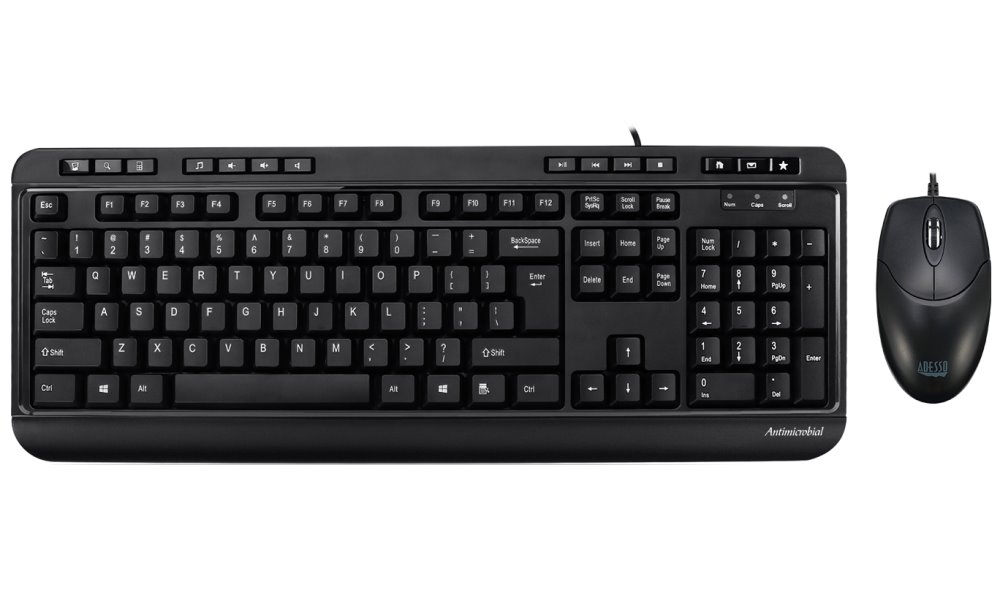 Adesso AKB-132CB/ drátový set/ multimedia/ antimikrobiální/ optická myš 1200DPI/ USB/ černá/ US layout