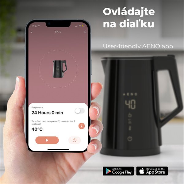 AENO Rychlovarná smart kanvica EK7S - 1850-2200W,1,7 l,Strix,dvojité steny,regulácia teploty,WiFi, LEDdisplej,a AEK0007S