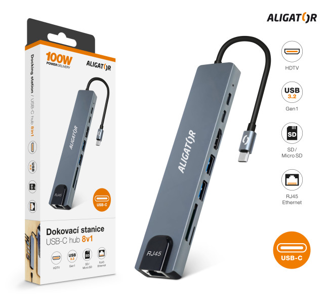 Aligator Dokovací stanice USB-C / Hub 8v1 (USB-C / 2xUSB / SD / MicroSD/ HDTV / RJ45) AHUB001