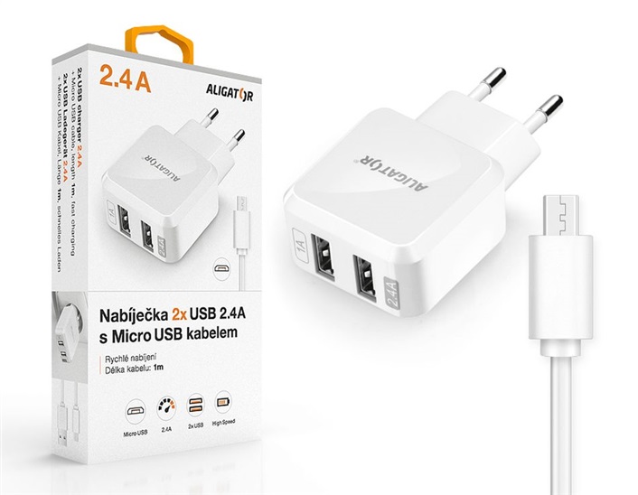 Aligator Nabíječka ALIGATOR MicroUSB s 2xUSB výstupem 2,4A, Turbo charge, bílá CHA0021