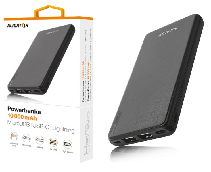 ALIGATOR PB1000, 10000mAh 3v1, micro/iPh/USB-C, černá PB1000BK