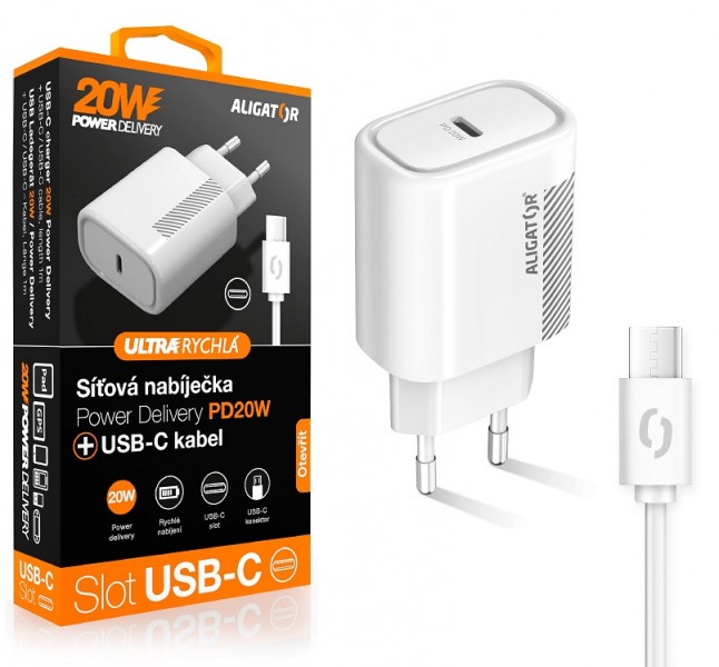 Aligator POWER DELIVERY 20W, USB-C, bílá, USB-C/USB-C kabel CHPD0003