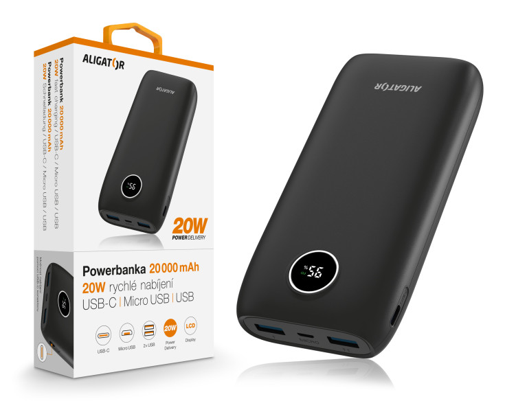 ALIGATOR Powerbanka Power Delivery 20W, rychlé nabíjení, 20 000 mAh, černá PBPD20BK