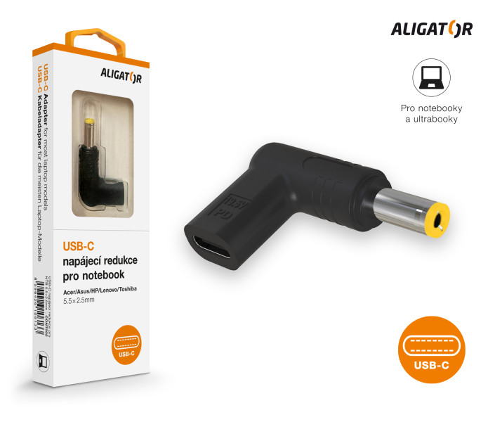 Aligator USB-C napájecí redukce 5,5x2,5 mm pro notebooky Acer/Asus/HP/Lenovo/Toshiba CONT002