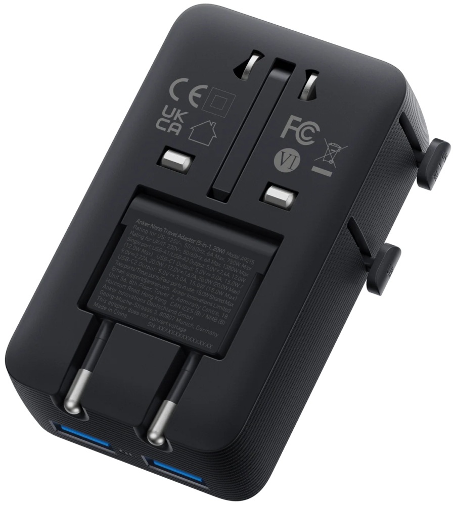 Anker Nano cestovní adaptér/ 5v1/ 20W/ 2x USB-C/ 2x USB/ UK/US/AU/EU/ černý A9215H11