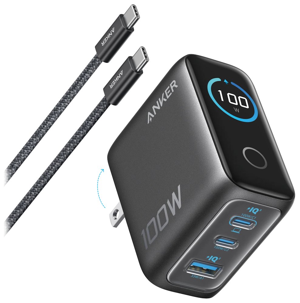 Anker Prime nabíječka/ 100W/ 2x USB-C/ USB/ displej/ šedá + USB-C kabel B121BGZ1