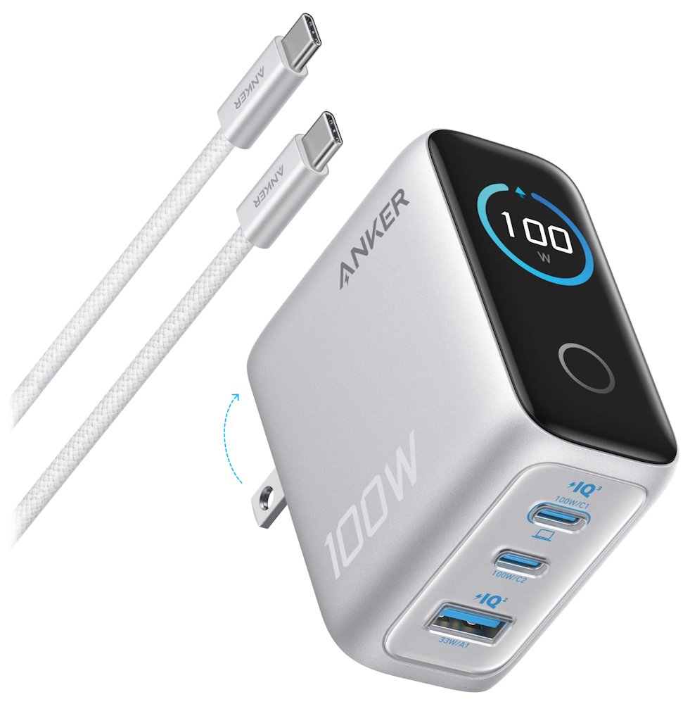 Anker Prime nabíječka/ 100W/ 2x USB-C/ USB/ displej/ stříbrná + USB-C kabel B121BG41
