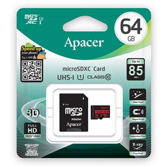 Apacer pamäťová karta Secure Digital, 64GB, micro SDXC, AP64GMCSX10U5-R, UHS-I U1 (Class 10), s ada