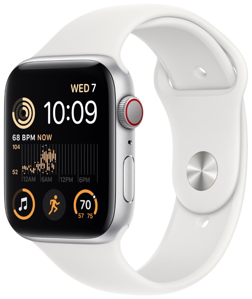 Apple Watch SE GPS + Cellular 44mm Silver Aluminium Case with White Sport Band - Regular mnq23cs/a