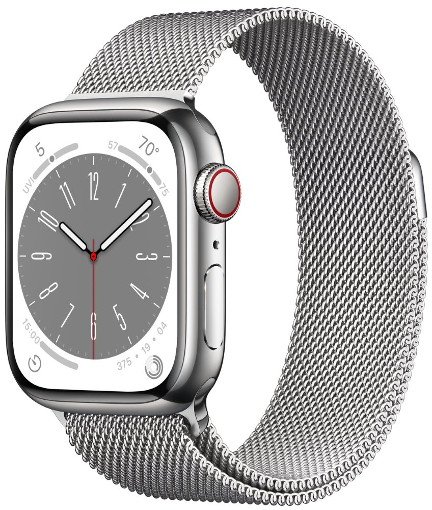 Apple Watch Series 8 GPS + Cellular 41mm Silver Stainless Steel Case with Silver Milanese Loop mnj83cs/a