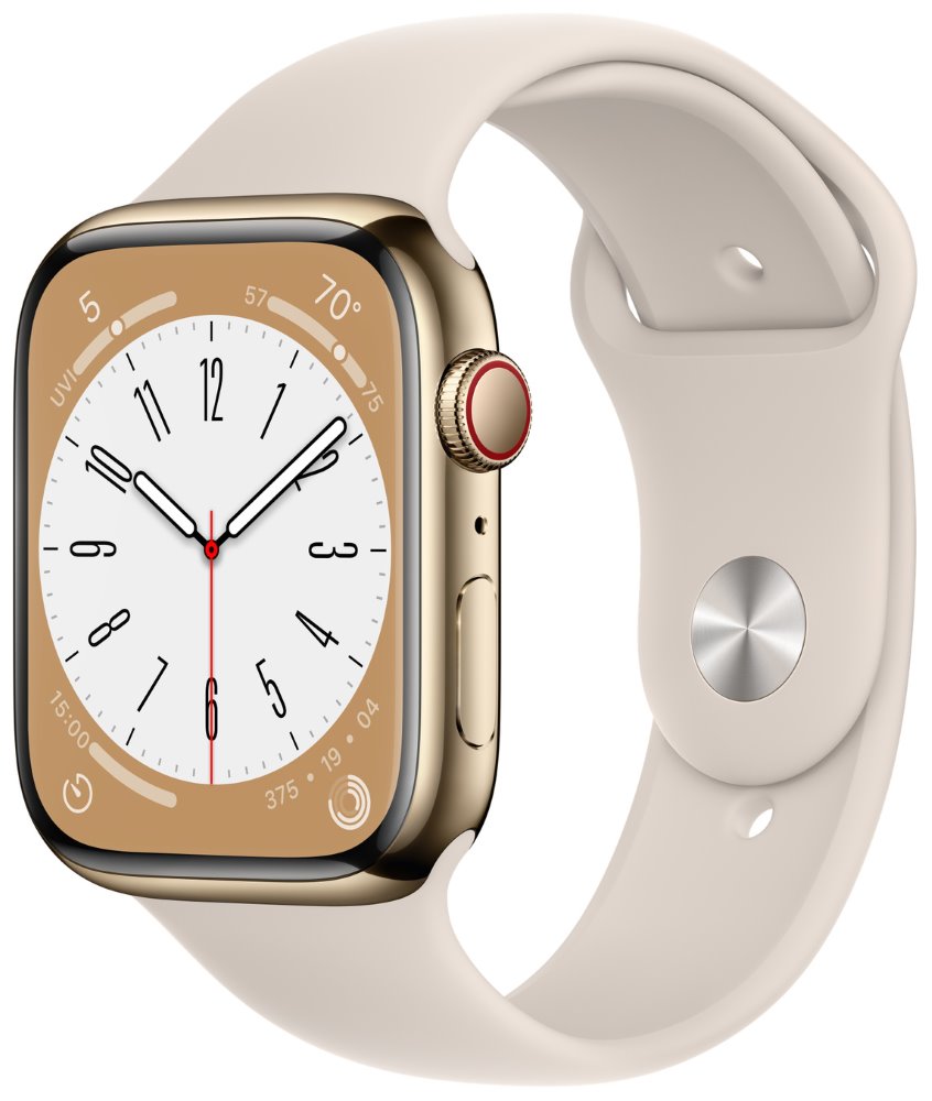 Apple Watch Series 8 GPS + Cellular 45mm Gold Stainless Steel Case with Starlight Sport Band - Regular mnkm3cs/a