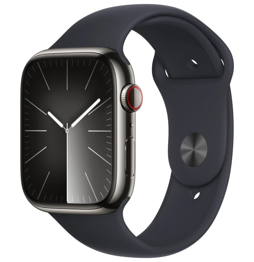 Apple Watch Series 9 Cellular 45mm Grafitová ocel s temně inkoustovým sportovním řemínkem S/M MRMV3QC/A