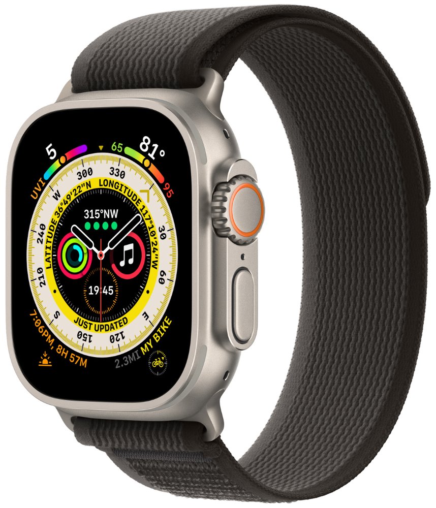 Apple Watch Ultra GPS + Cellular, 49mm Titanium Case with Black/Gray Trail Loop - S/M mqfw3cs/a