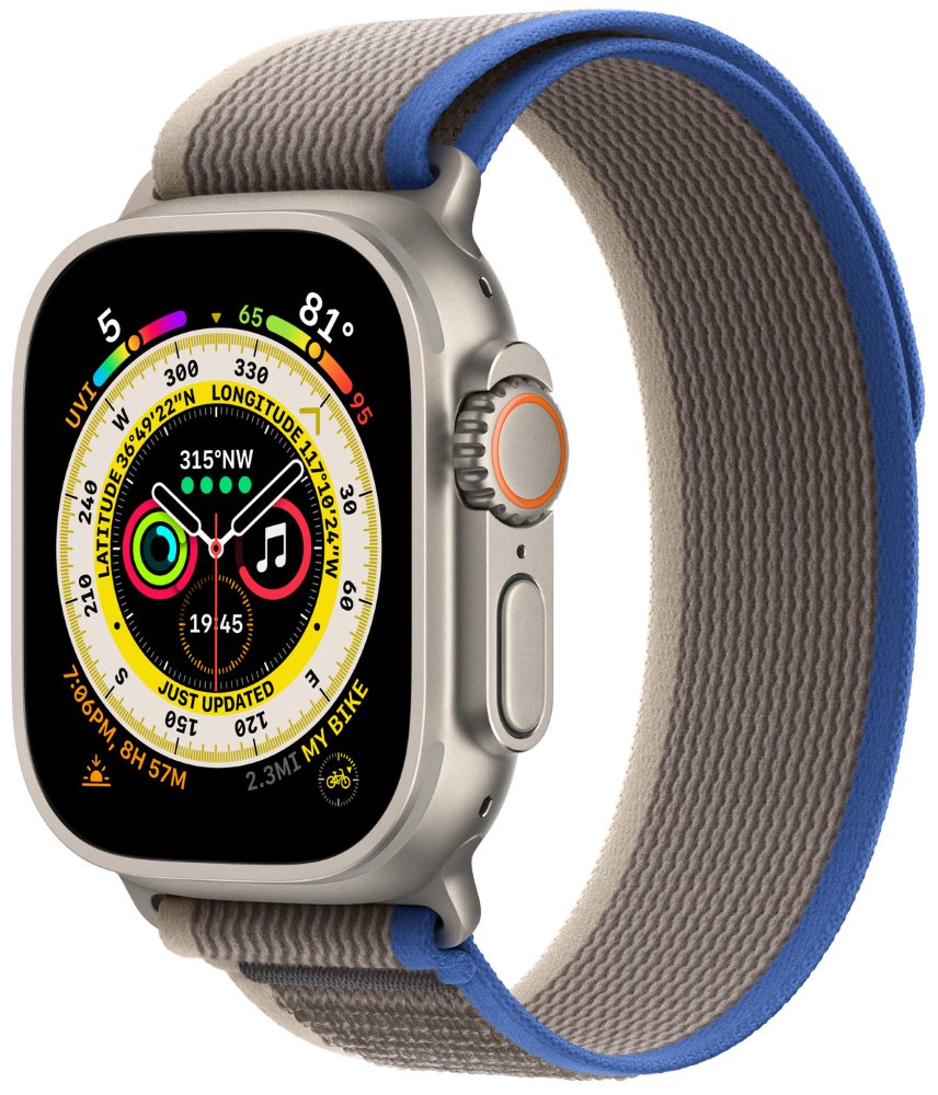 Apple Watch Ultra GPS + Cellular, 49mm Titanium Case with Blue/Gray Trail Loop - S/M mnhl3cs/a