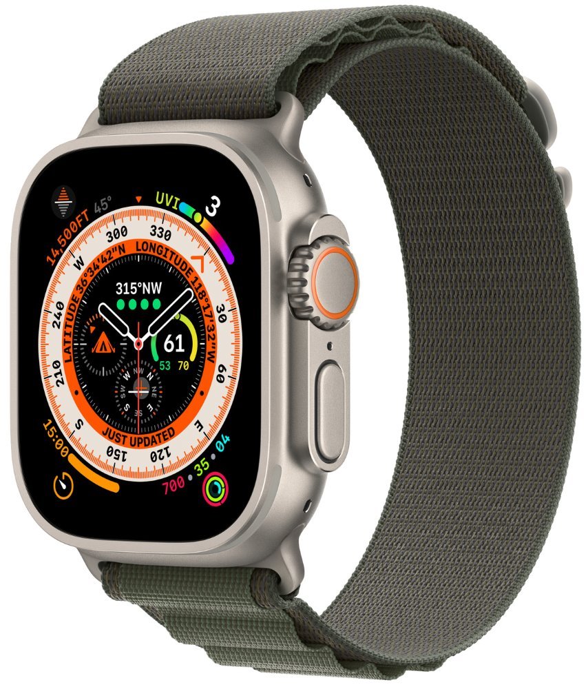 Apple Watch Ultra GPS + Cellular, 49mm Titanium Case with Green Alpine Loop - Medium mqfn3cs/a