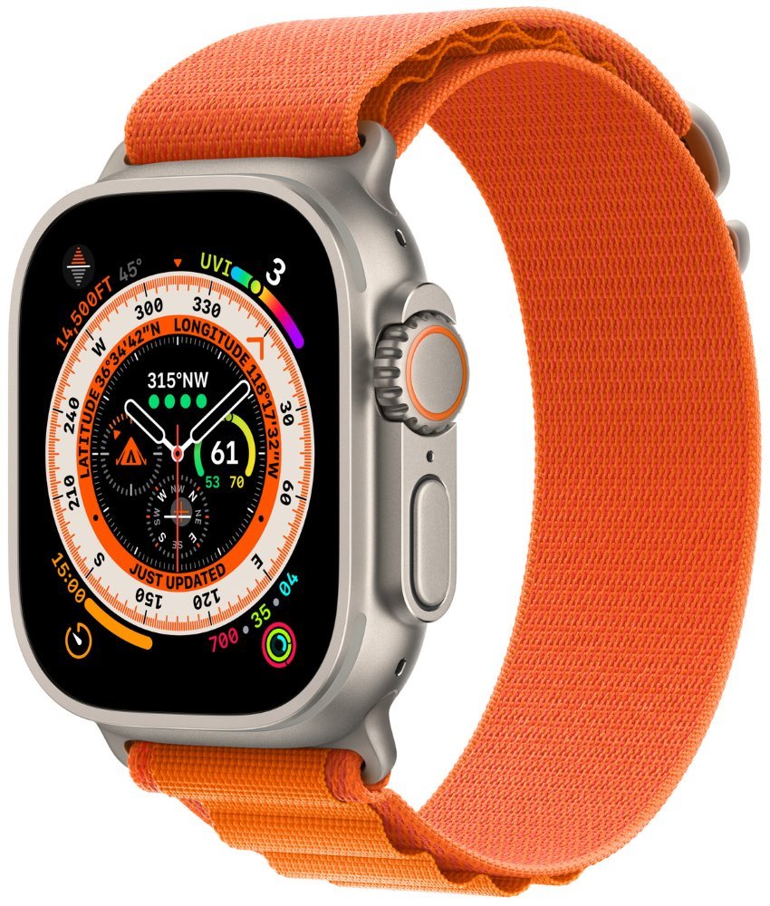 Apple Watch Ultra GPS + Cellular, 49mm Titanium Case with Orange Alpine Loop - Medium mqfl3cs/a